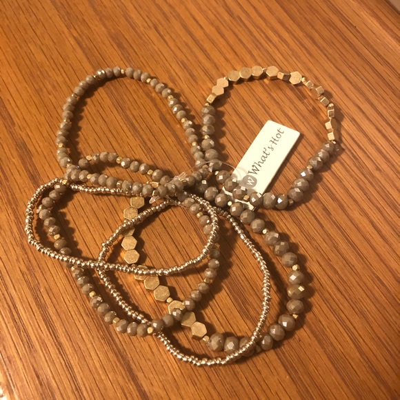 Taupe Crystal Gold Tone 6 PC bracelet stack - Picture 2 of 2